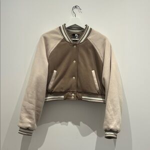 Divided Two-Tone Cropped Varsity Jacket in Brown & Cream